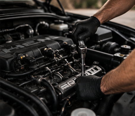 Gloved hands torquing a bolt on an engine