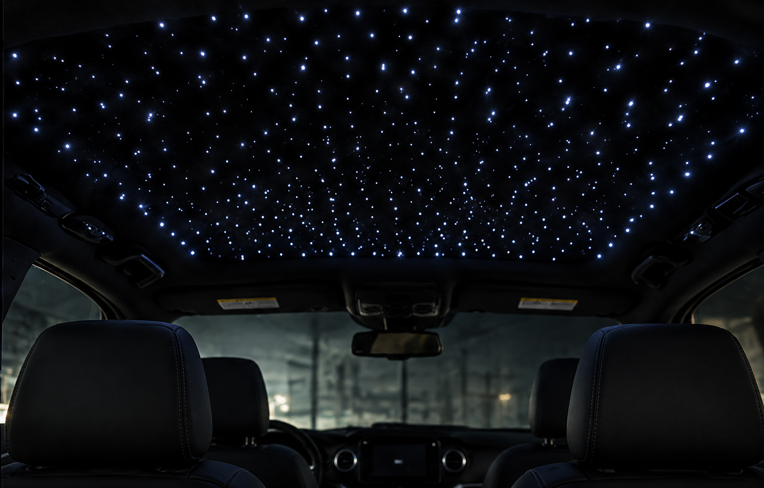 Starlight headliner installed in a car roof