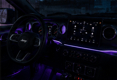 Custom purple ambient interior lighting in a Jeep