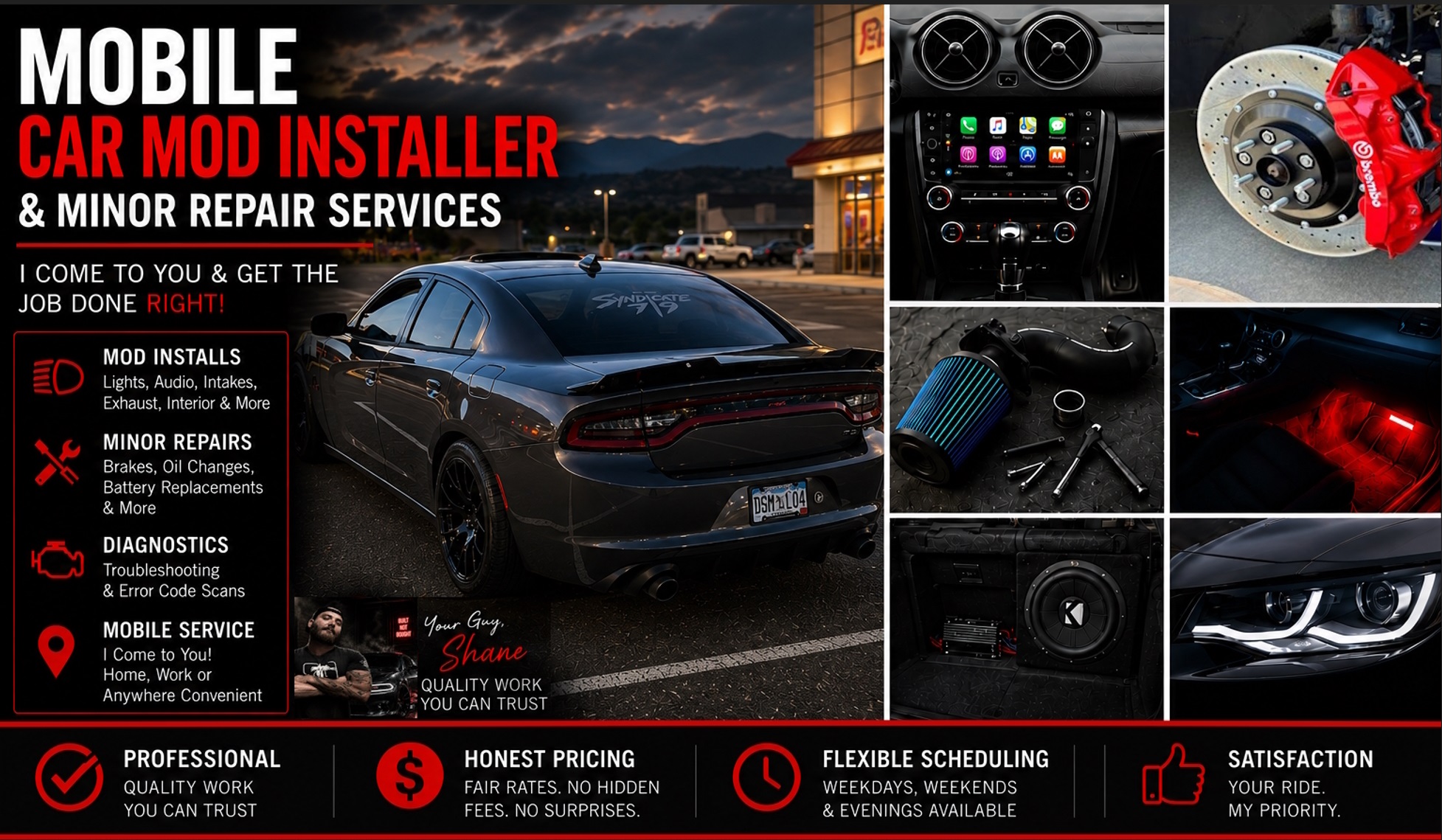 SC Performance mobile car mod installer and minor repair services flyer